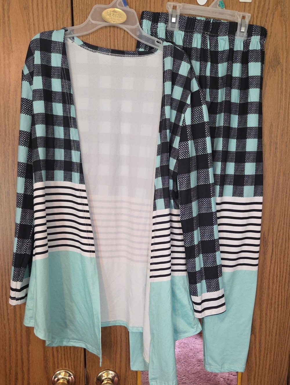 Women’s Mint & Black Plaid Open Cardigan and Pants Set - ( )